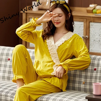 

BZEL Sweet Yellow Cotton Sleepwear Kimono Style Home Suit Autumn Winter Nightwear Women Pajamas Set Lace Diagonal Collar Pijamas