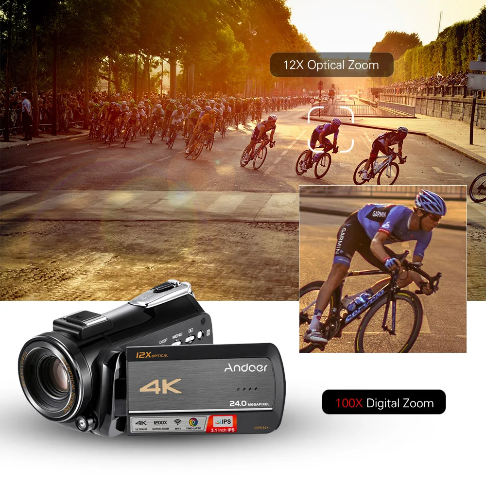 Andoer AC5 4K UHD 24MP Цифровая видеокамера регистратор DV 3,1 дюймов ips сенсорный 12X оптический зум покадровая камера