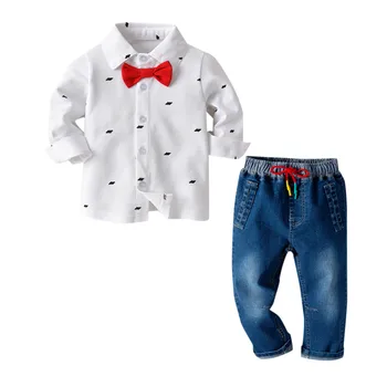 

Toddler Baby Boys Gentleman Cartoon Bow Tie T-Shirt Tops+Denim Pants Outfits high quality dropshiping W1219