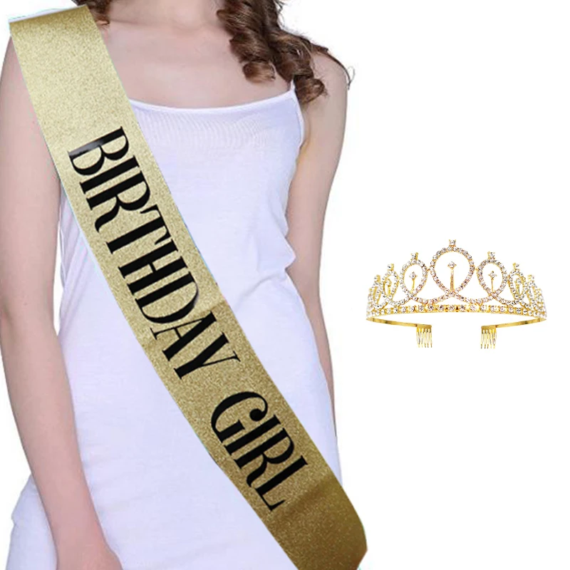 Gold Silver Glitter Birthday Sash Rhinestone Tiara 18th Crystal Crown Birthday Queen Satin Ribbon Sash For Birthday Party Decor