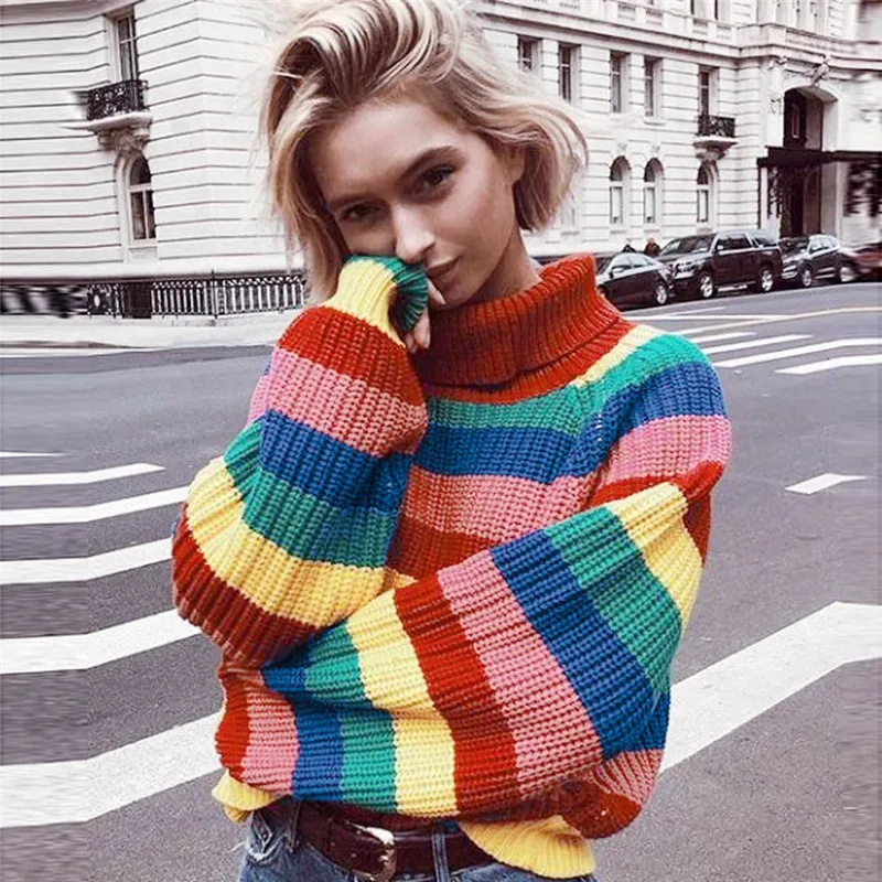 

Sagace Clothes Women Turtleneck Autumn Winter Rainbow Sweater Women Knitted Long Sleeve Warm Striped Pullover Sweater