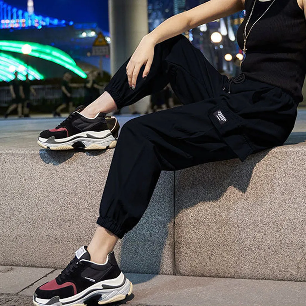 Women Loose Harem Pants Drawstring Side Pockets Long Pant Winter Spring Elastic Waist Trousers Female Street Style Cargo Trouser