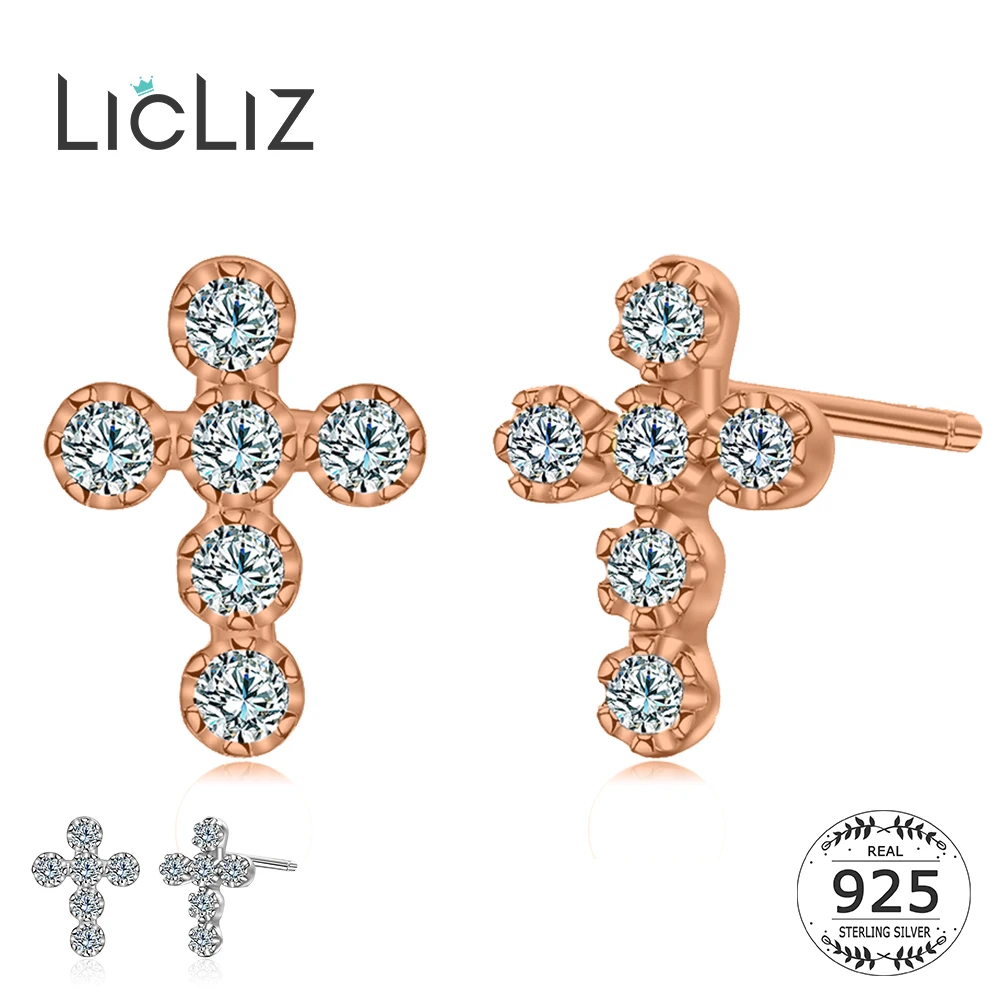 

LicLiz 2019 New 925 Sterling Silver Small Cross Stud Earrings for Women Charm Round Clear Pave CZ Zircon 925 Jewelry Gift LE0374