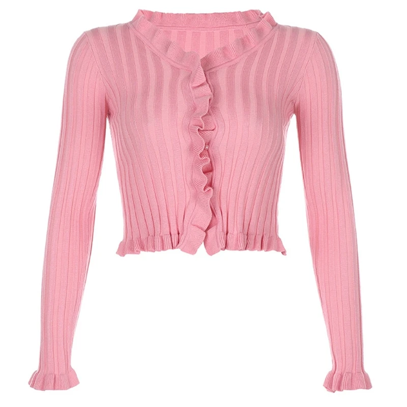 

Women Autumn Long Sleeve Sweater Cardigan Sexy V-Neck Ribbed Knitted Pink Crop Top Button Down Ruffles Harajuku Shrug Shirt Coat
