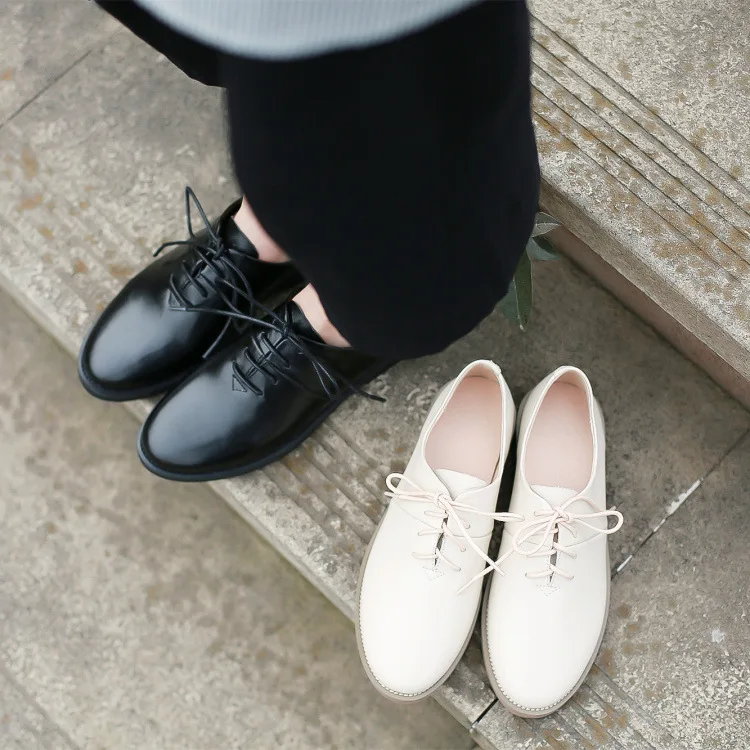

2018 Spring And Summer New Style British Style Versatile Shoes Women Flat White College Style Lace-up Small Leather Shoes WOMEN'