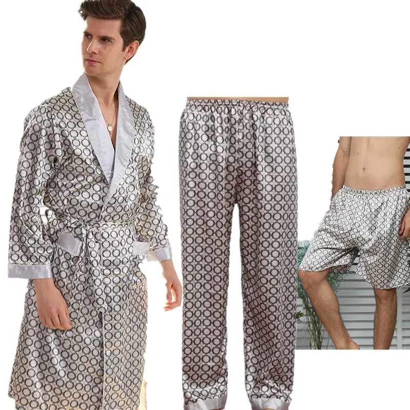 3 PCS Robe Pants Pajama Set 4XL 3XL Men Bathrobe Shorts Suit Silk Sleepwear for Men Kimono Home Soft Cozy Long-sleeved Bath Gown mens cotton pajama sets Men's Sleep & Lounge