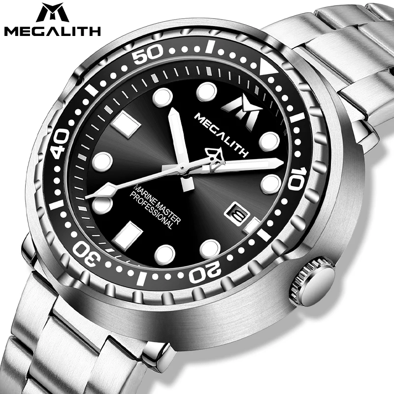 Diver Watch Steel MEGALITH Men Quartz Luminous Sports 8605 30M Men Fashion