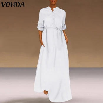 

Plus Size Shirt Dress Women's Summer Sundress 2020 VONDA Vintage Casual Loose Maxi Dress Tunic Vestidos V Neck Solid Robe Femme