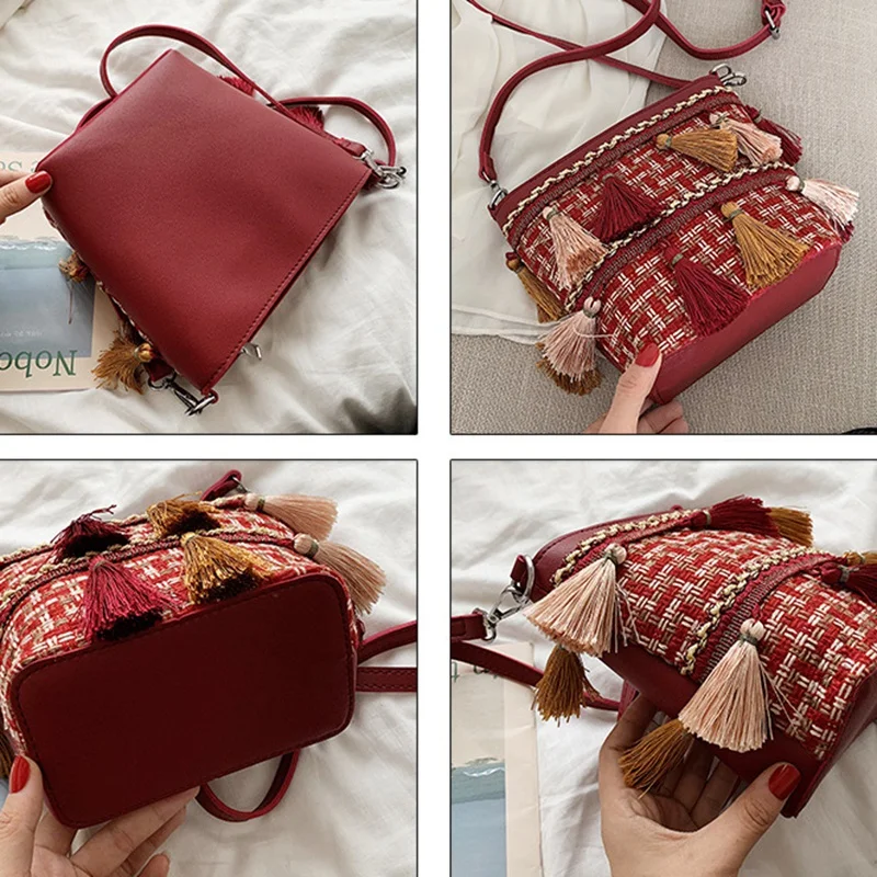 Ethnic Style Red Tassels Versatile Shoulder Bag Messenger Bag Geometric Pattern Beach Bag