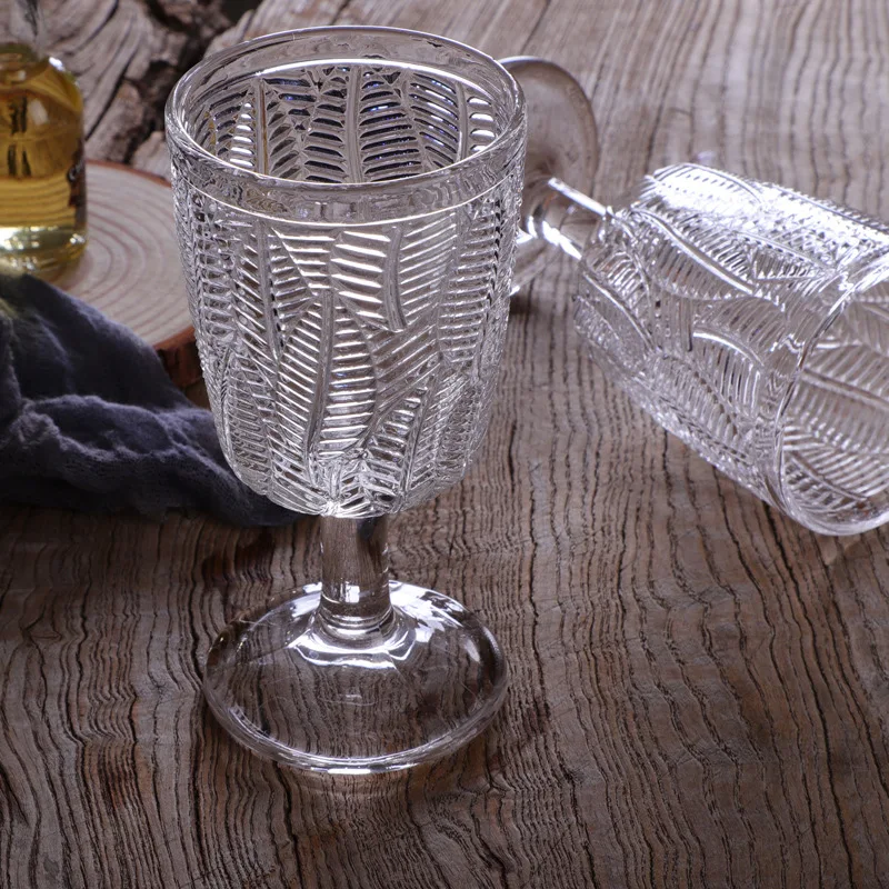 2pcs / lot Blue Embossed Leaf Texture Wine Glass Goblet Retro Juice Drinking  Cup Spirits Wedding Party Beverage Glasses 340ml