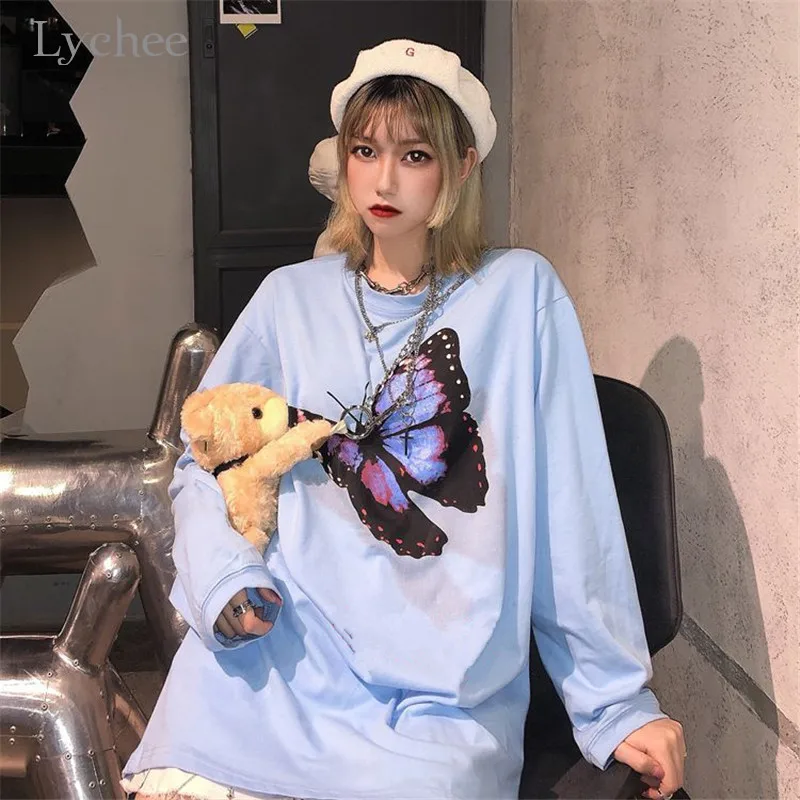 Lychee Harajuku, женская футболка с темным принтом бабочки, свободная футболка с вырезом лодочкой, женские пуловеры, топы, повседневные весенние женские футболки, футболки