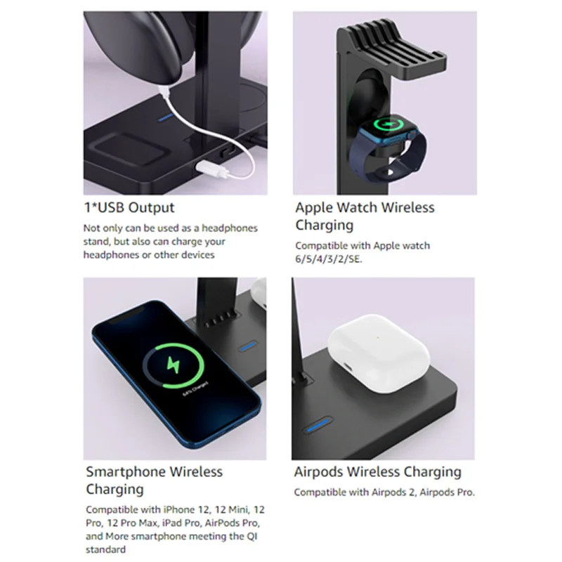 Carregador sem Fio Doca de Carregamento para Iphone 4 em 1 Pro com Suporte Rápido Estação 11 Pro Apple Assista Airpods Fone Ouvido 15w qi 12 10 iphone 12 11 pro apple assista airpods pro com suporte fone ouvido