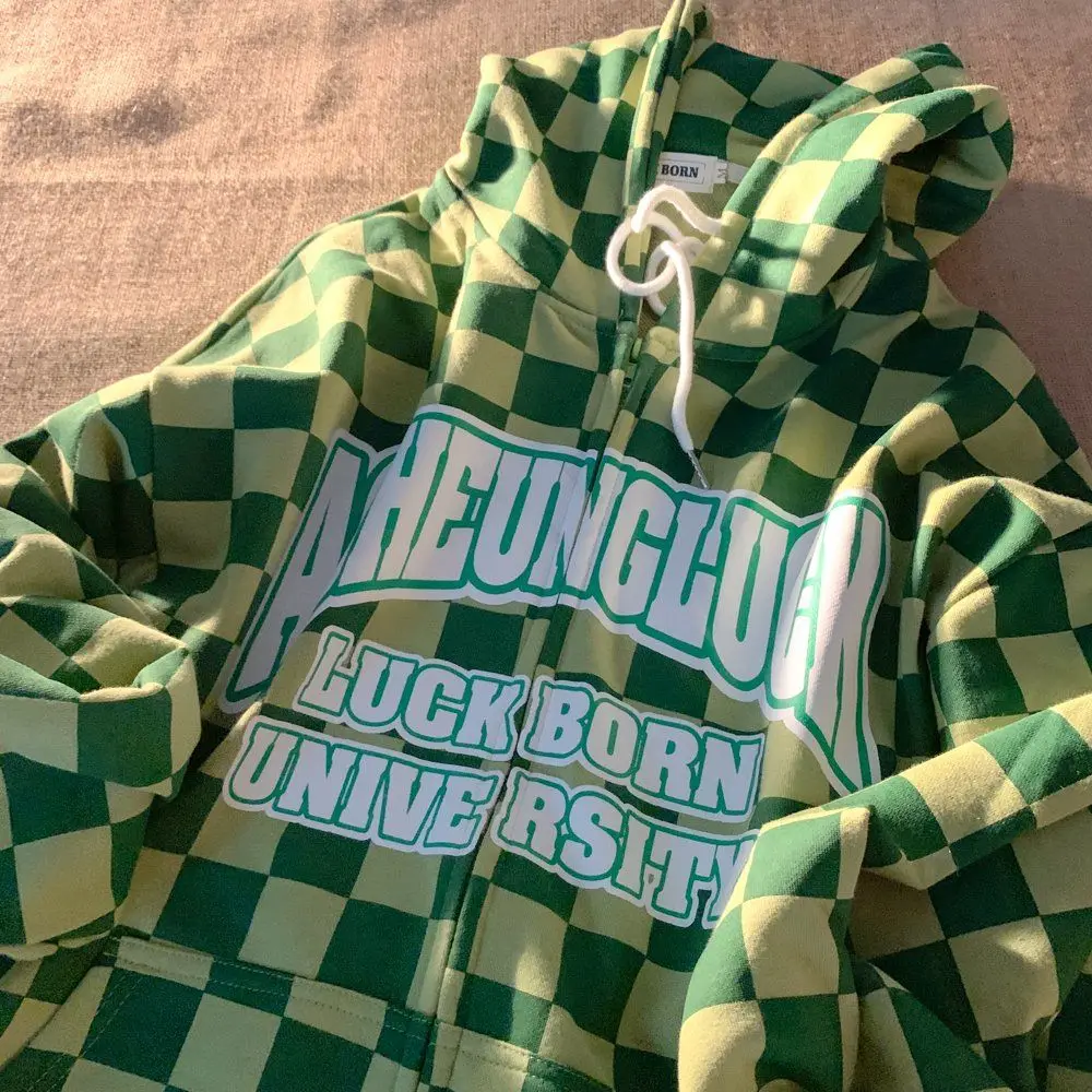 

Autumn Winter Hoodies Womens Checkerboard Plaid Sweatshirts Korean Letter Printed Loose Thick Warm Zipper Jacket Female Hooded