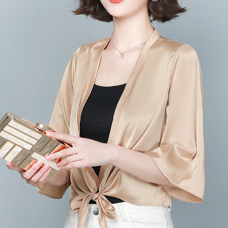 Bolero Real Silk Thin Blouse White Cloak Shirt Women Half Sleeve Office Lady Tops Elegant Blusa Mujer Shawl Loose Fashion Female women satin pants suit vintage office lady single button spliced shawl collar blazer female high waist two piece set suit