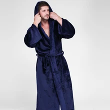 Men Hooded Extra Long Thermal Bathrobe Plus Size Winter Flannel Thickening Warm Kimono Bath Robe Male Dressing Gown Mens Robes