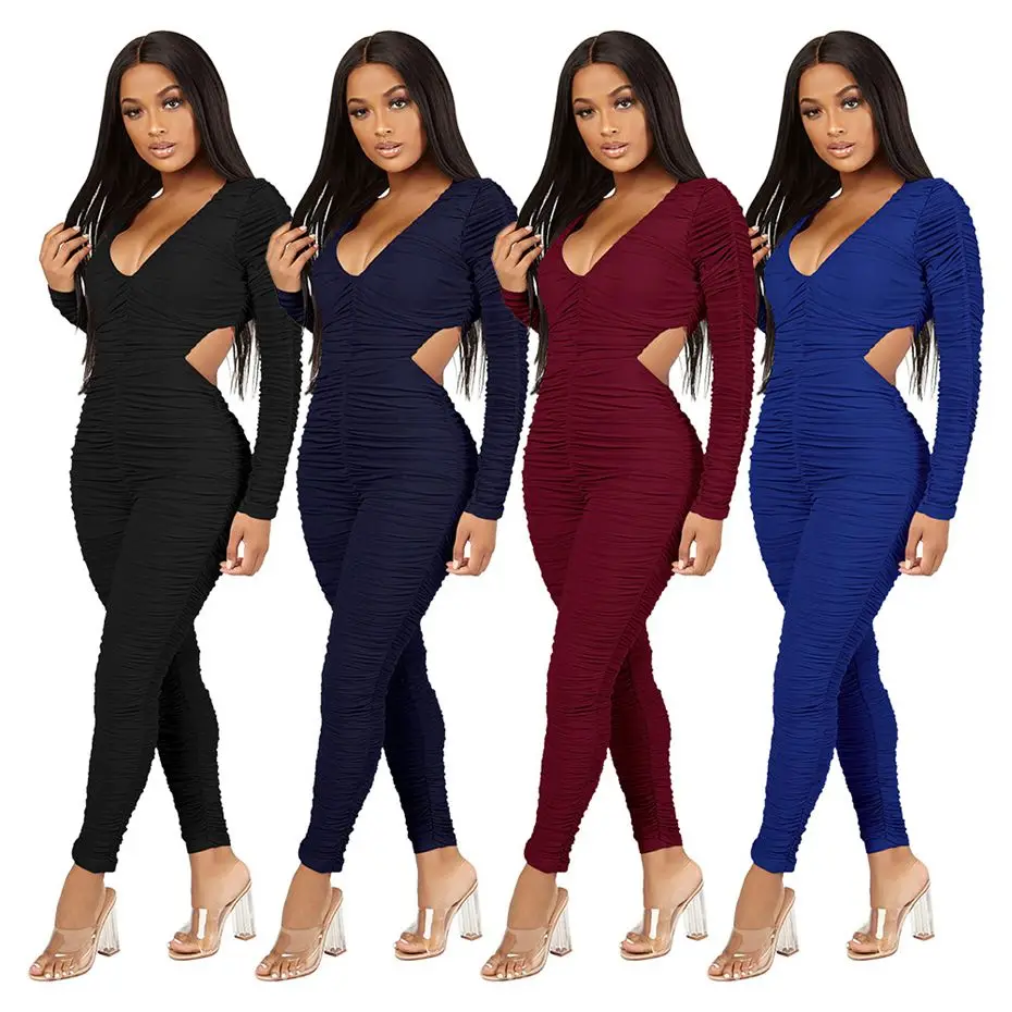 ZKYZWX Sexy Bodycon Jumpsuit Fashion Nova Overalls One Piece Club Outfits Draped Backless Long Sleeve Rompers Womens Jumpsuit