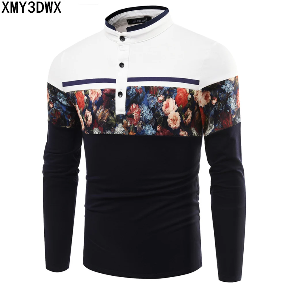 Мужские Цветочный принт поло с длинным рукавом Осень Slim Fit рубашки для мужчин Camisa Мужской Стенд рубашки поло воротник женский свитер и футболки для женщин - Цвет: Royal blue