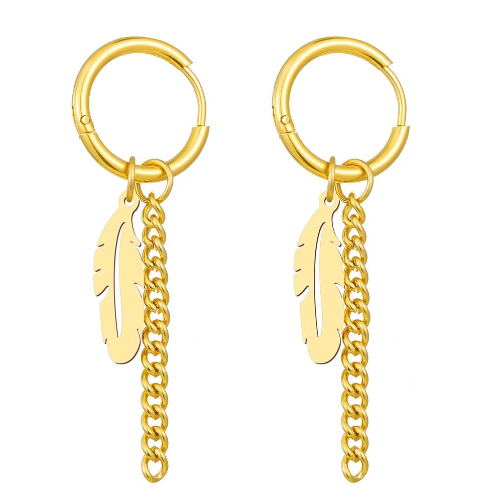 Stainless Steel Earrings Fashion Unisex Punk Gothic Feather Chain Hip Hop Pendant Earrings Women Jewelry Gifts