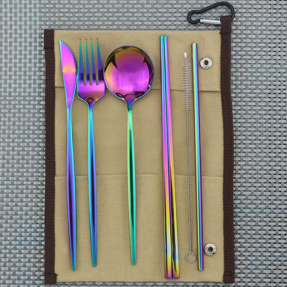 

7pcs Rainbow Portable Eco-friendly Stainless Steel Travel Cutlery Set Knife Fork Spoon Chopsticks Straws Set Picnic Dinnerware