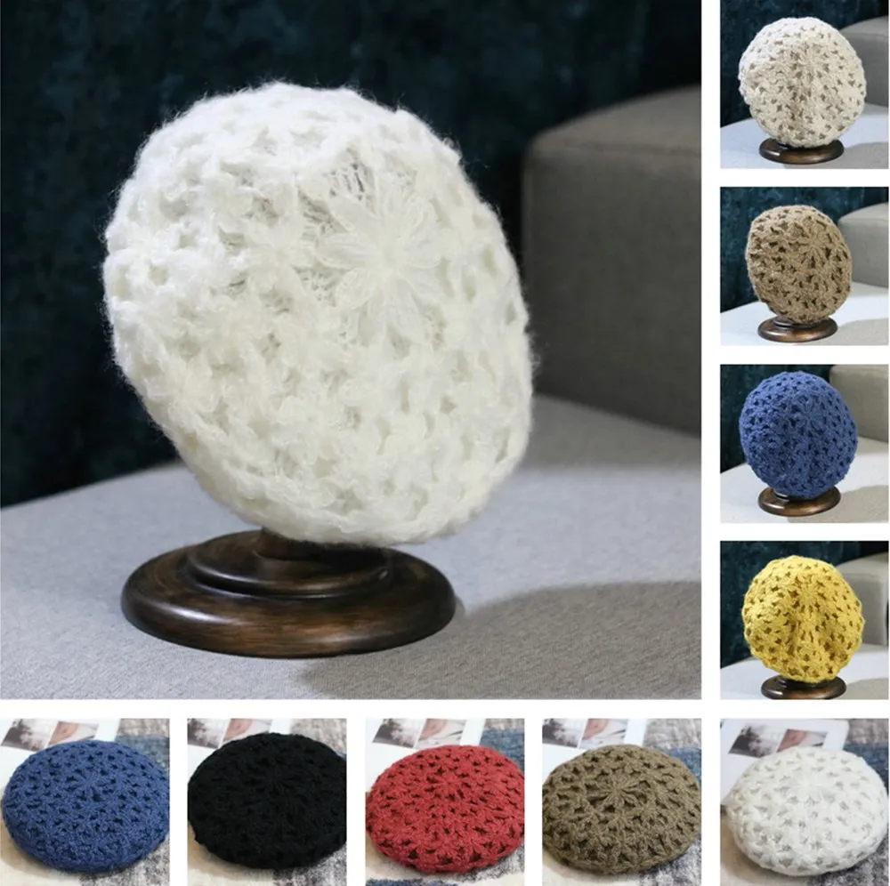 

Beret hat women bonnets Ethnic style handmade knitted woolen cap women's autumn and winter retro elegant flower warm Caps