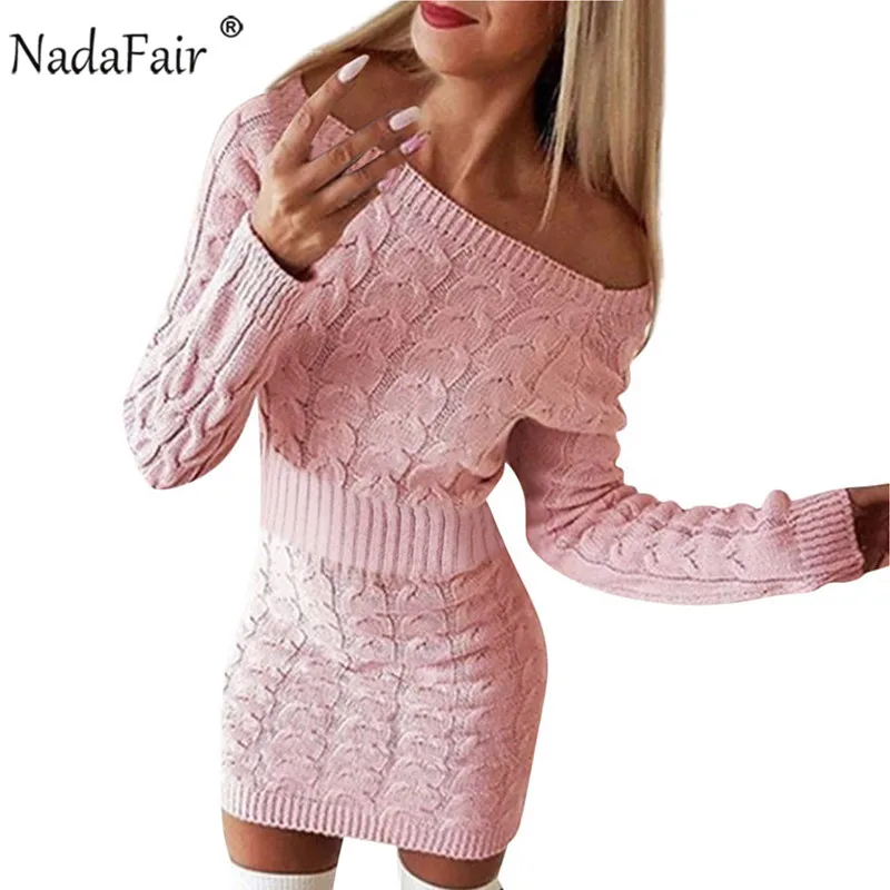 Nadafair платье-свитер женское осеннее мини с длинным рукавом элегантное розовое белое черное вязаное облегающее зимнее платье женские платья