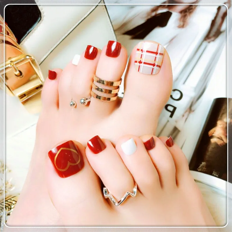 

Wedding Predesign Short FakeToe Nails Square Full Cover Impress Press On False Nails For Feet Artificial Faux Ongles Pieds