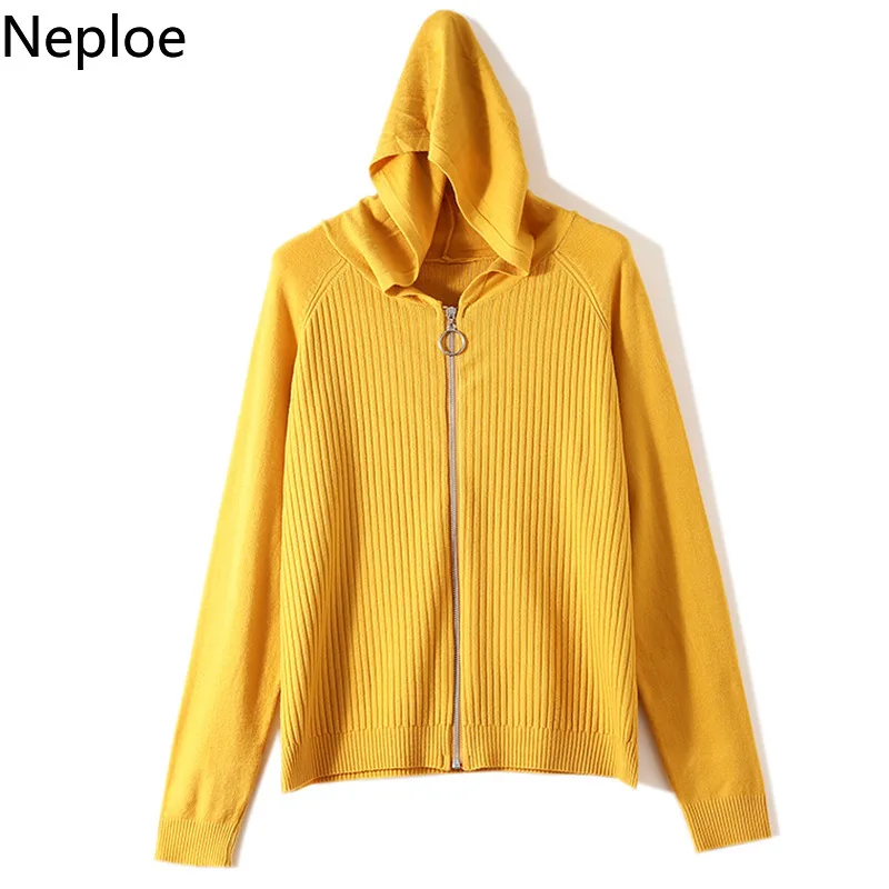 Neploe Hooded Sweater Cardigan Autumn Solid Color New Zipper Loose Vertical Striped Coat Knit Multicolor Thick Jacket 46083 | Женская