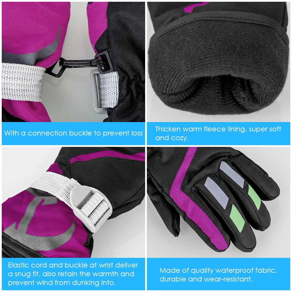 Children Boys/Girls Snowmobile Winter Warm Ski Gloves Sports Waterproof Windproof Snow Gloves Adjustable Ski Strap Skiing Gloves