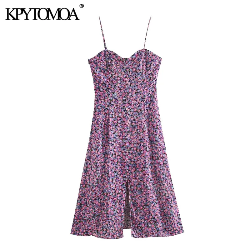 KPYTOMOA Women 2020 Chic Fashion Floral Print Slit Midi Dress Vintage V Neck With Lining Thin Straps Female Dresses Mujer KPYTOMOA Women 2020 Chic Fashion Floral Print Slit Midi Dress Vintage V Neck With Lining Thin Straps Female Dresses Mujer