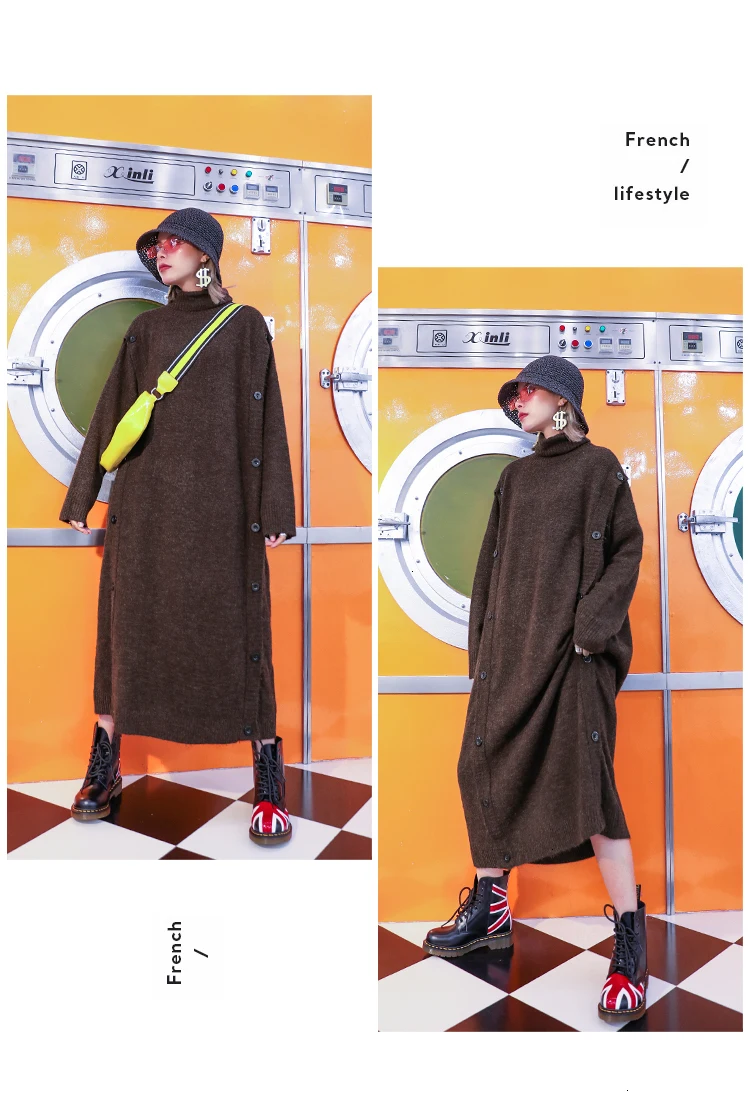 QING MO Black Gray Red Coffee Women Turtleneck Sweater Dress Women Winter Knitted Dress Streetwear Loose Dress ZQY2502