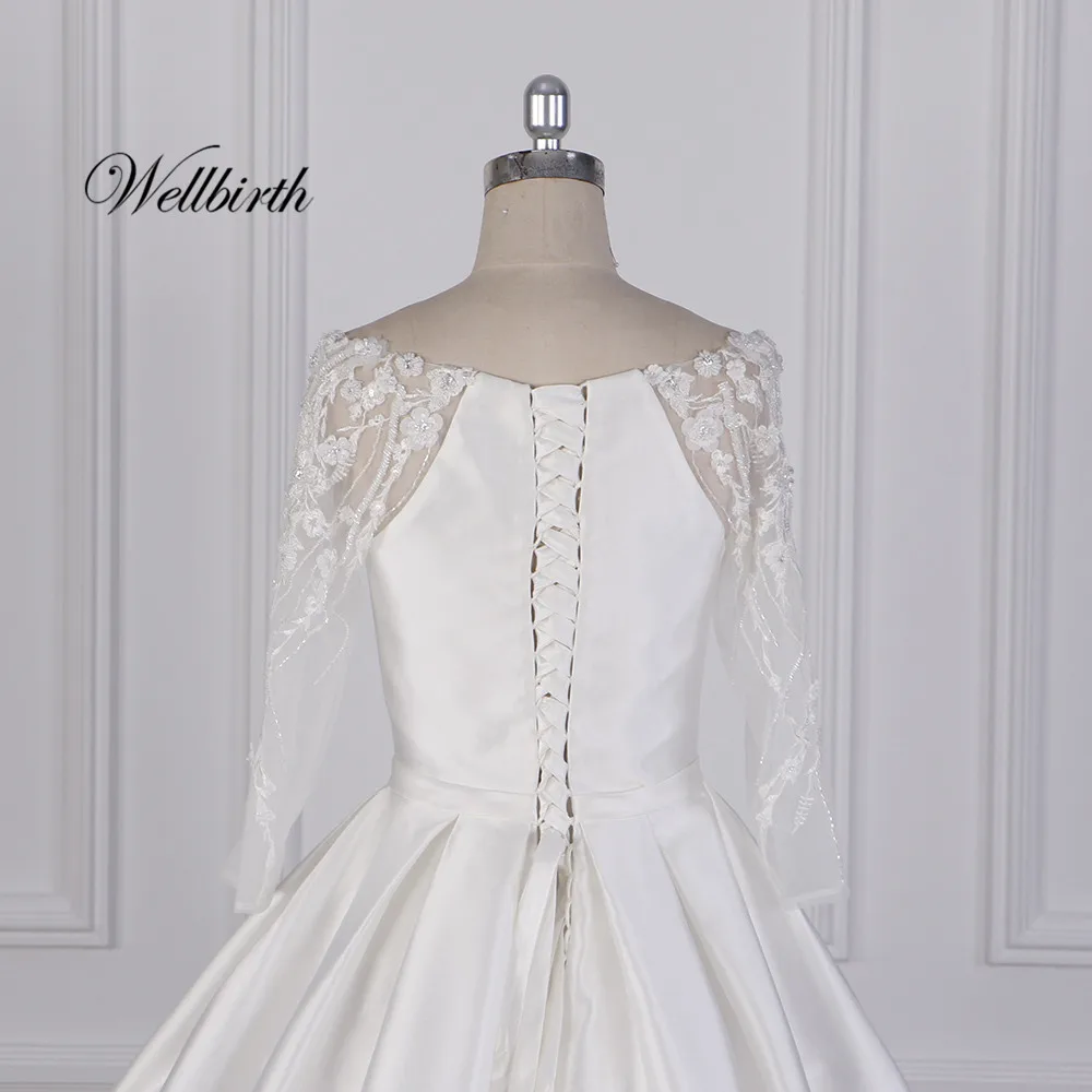 Реальное изображение Wellbirth Vestido de novia Платье с вырезом лодочкой сзади свадебное платье со шнуровкой сзади Свадебное платье js011