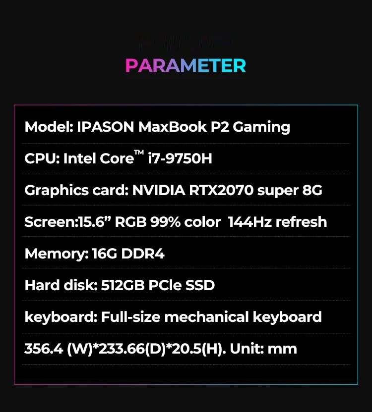 IPASON MaxBook P2 Gaming Laptop Intel 6-Core i7 16G RAM 15.6-inch 144Hz Fresh Rate Wifi 6 RGB backlit i7-9750H 512G RTX2070S