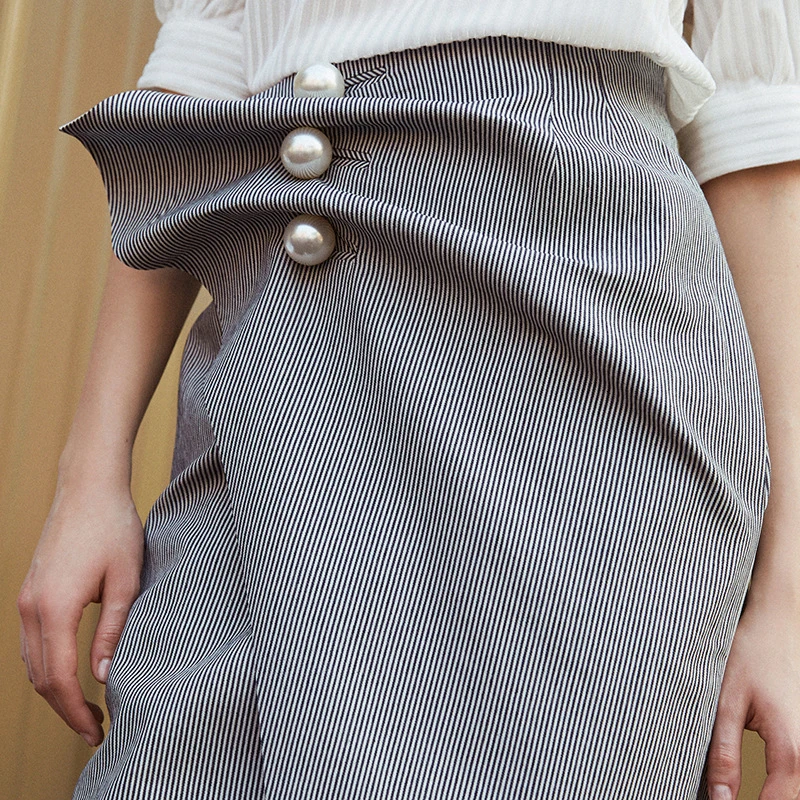 Жемчужная юбка для Для женщин Ruched лоскутное полосатый Высокая талия Нерегулярные длинный Юбки-карандаши Лето 2019 модные элегантные E003