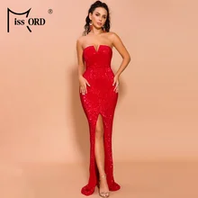 Missord Autumn and Winter Women Sexy V Neck Off Shoulder Backless Sequin Dress Female High Split Maxi Bodycon Dress FT19621