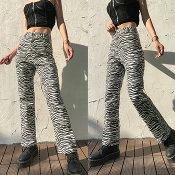 

Women Fashion Zebra Print Flare Pants Female High Waist Long Wide Leg Flowing Palazzo Pants Vogue High Street Pants Outfits
