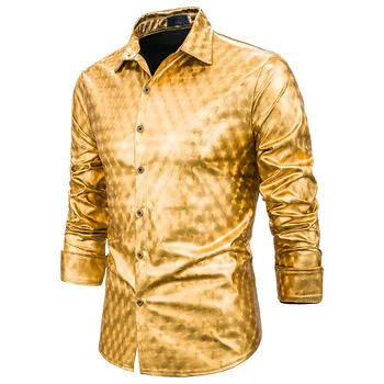 

2019 New men Gold Silver Glossy overcoat Male effects Colour Plaid Shirt Men Long Mouwen Single Breasted Party Nightclub shirts