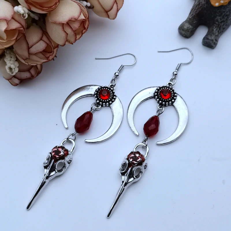 The New Crow Skull Earrings Goth Punk Style Horns Red Blood Drops Crystal Jewelry Gorgeous Fashion Ladies Gifts