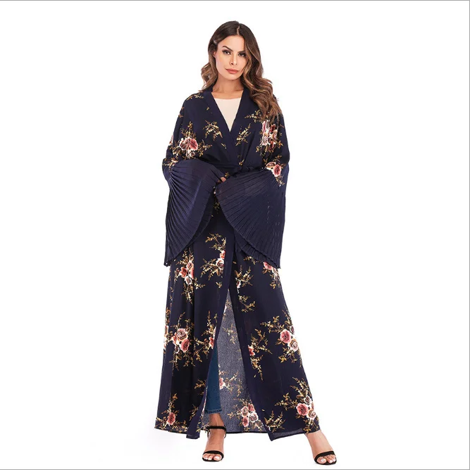 navy blue Принт в мусульманском стиле abaya с расклешенными рукавами, макси платье, кардиган, длинный халат, кимоно Jubah, Рамадан, Арабский исламский турецкий культ - Цвет: navy blue