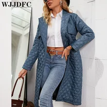 

WJJDFC 2021 Elegant Retro Lace Up Lapel Puffer Jacket Women Winter Lady Rhombus Pattern Straight Parka Fashion Long Quilted Coat