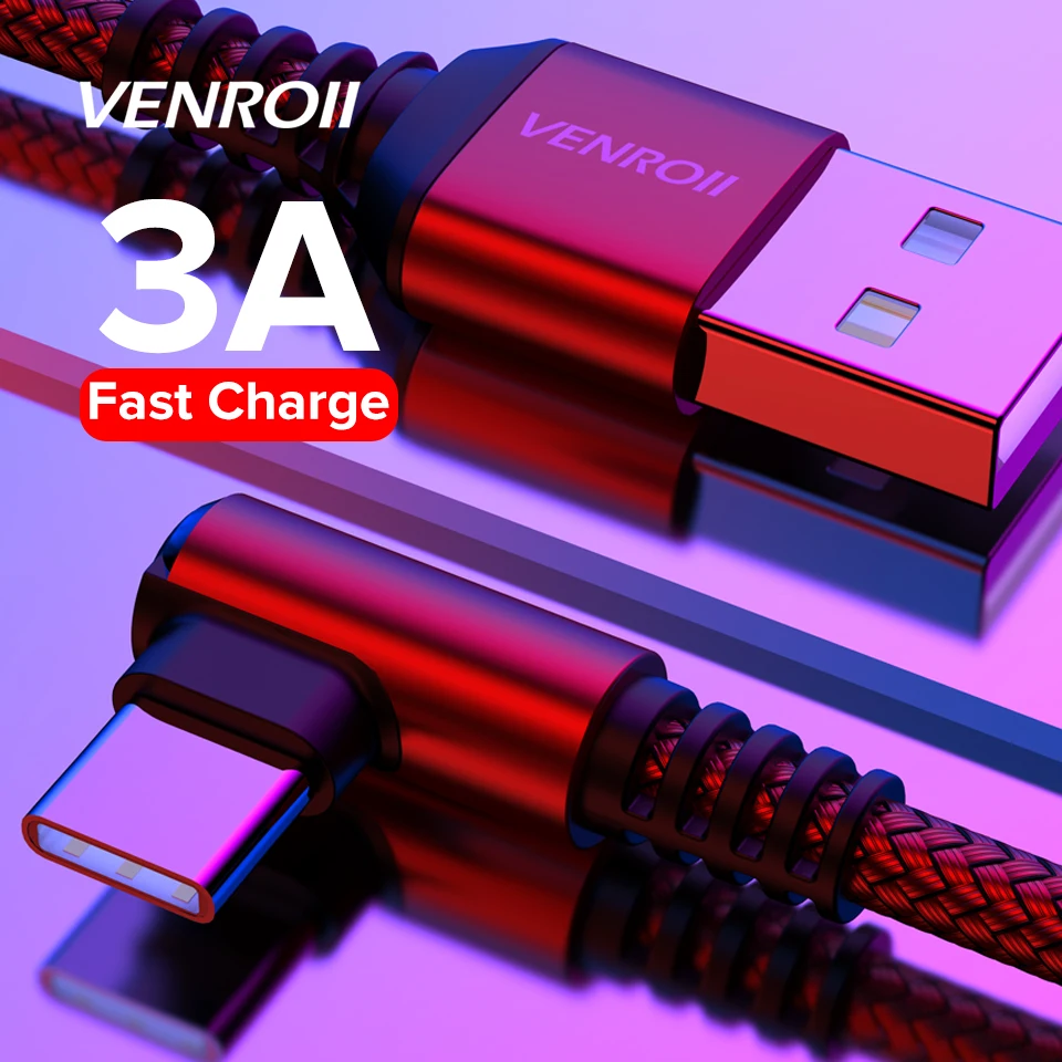 Кабель Venroii 90 градусов USB Type C для быстрой зарядки игровой шнур Qucik зарядный кабель