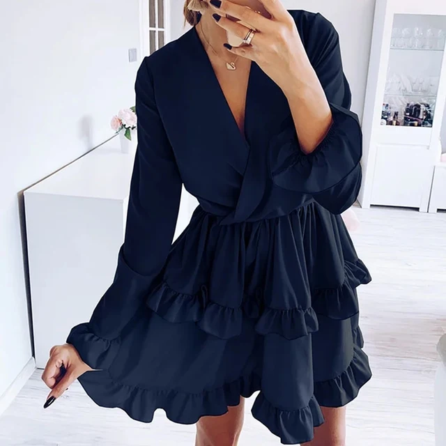 CVYATAYA New Arrived Flared Sleeves Ruffles V Neck Sexy Dress Women Spring Autumn Long Sleeve A-Line Solid Sashes Mini Dresses 3