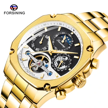 

Top Luxury Brand FORINING Automatic Mechanical Men Watch Golden Stainless steel Skeleton Watch Moon phase Tourbillon Male Clock