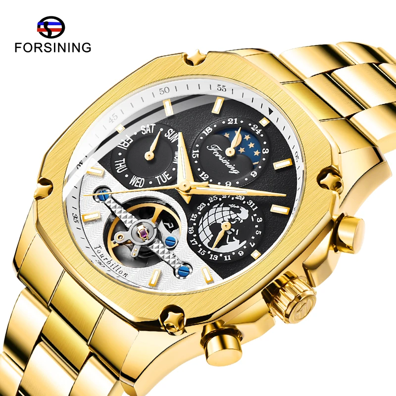 

Top Luxury Brand FORINING Men Automatic Mechanical Watch Men Stainless steel Skeleton Watch Moon phase Tourbillon Male Clock