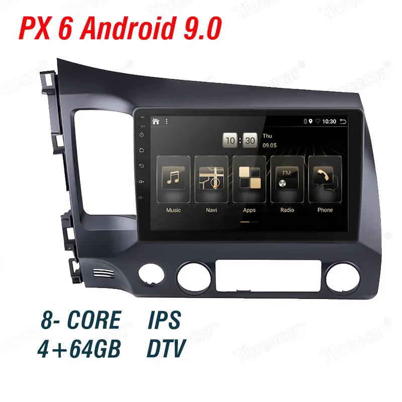 PX6 Android 9,0 DSP Автомагнитола для 2006-2011 Honda Civic Мультимедиа Видео плеер навигация gps wifi 4G OBD SWC камера TMPS 2din - Цвет: 4 with 64