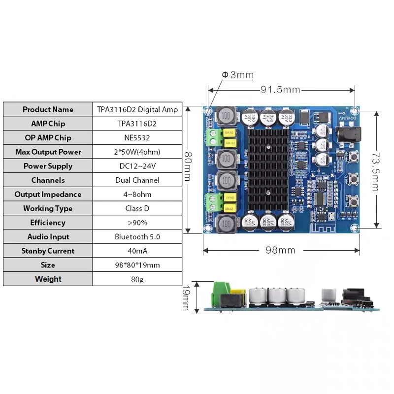 2*50 Вт Bluetooth 5,0 TPA3116D2 NE5532 предусилитель усилитель мощности плата предусилителя стерео двухканальный TPA3116 аудио стерео усилитель