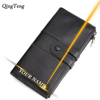 

Engraving Name 100% Genuine Leather Women Wallet Coin Purse Long Card Holder Chain Lady Walet Pocket Customized Money Bag Gift