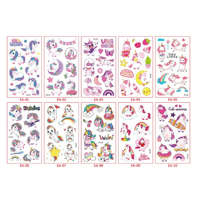 10Pcs/lot Cartoon Tattoo Stickers Children Hands Arm Unicorn Temporary Fake Tattoos Kids Birthday Party Decorations DIY Body Art unicorn2