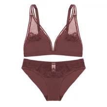 Сексуальный бюстгальтер с глубоким v-образным вырезом, модальный бюстгальтер с кружевом, ультра тонкий беспроводной бюстгальтер и трусики, комплект нижнего белья, винтажное женское нижнее белье, комплект без косточек