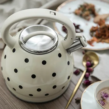 

Stainless Steel Boil Water Kettle Hemispherical Beep White Handle Dots Whistle Pot Induction Cooker Gas Home Kitchen Supplies