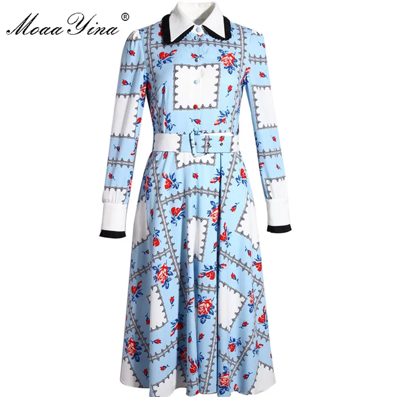 

MoaaYina Fashion Designer dress Spring Women's Dress Long sleeve Plaid Floral-Print Elegant Literary Vintage Dresses